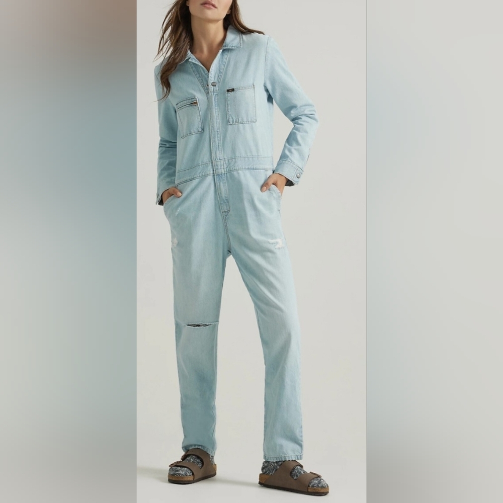 Lee Union Alls Jumpsuit Womn's Size Med Coveralls Blue Denim Distressed Knee NWT